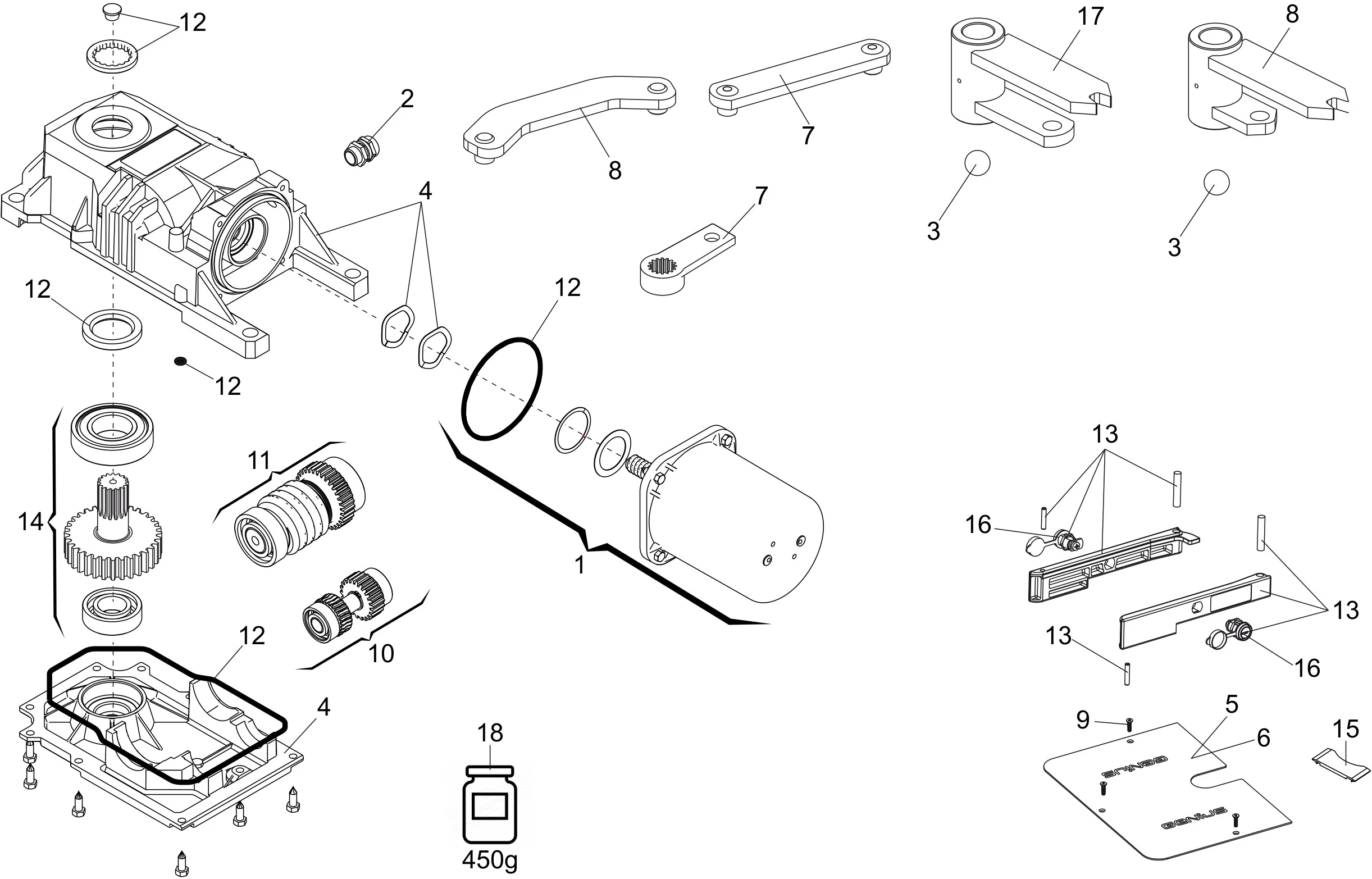 Pièces de rechange, schéma de l'entraînement Genius Genius Roller 24V